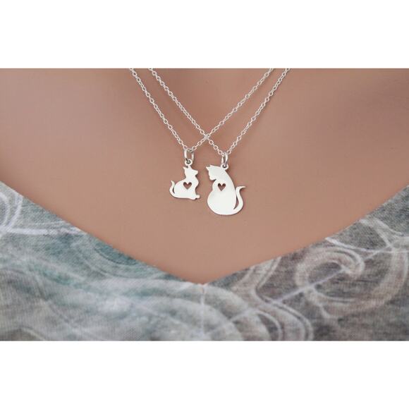 Sterling Silver Mommy and Baby Cat Charm Set Necklace - Picture 1 of 5